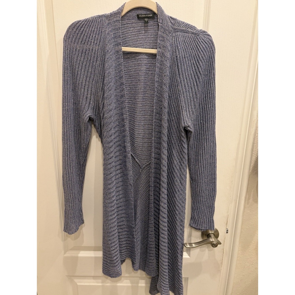 Eileen Fisher Blue Marled Italian Yarn Ribbed Open Front Cardigan Sweater Large